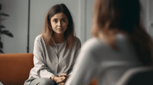 female patient is sad sitting on couch speaking with a medical professional