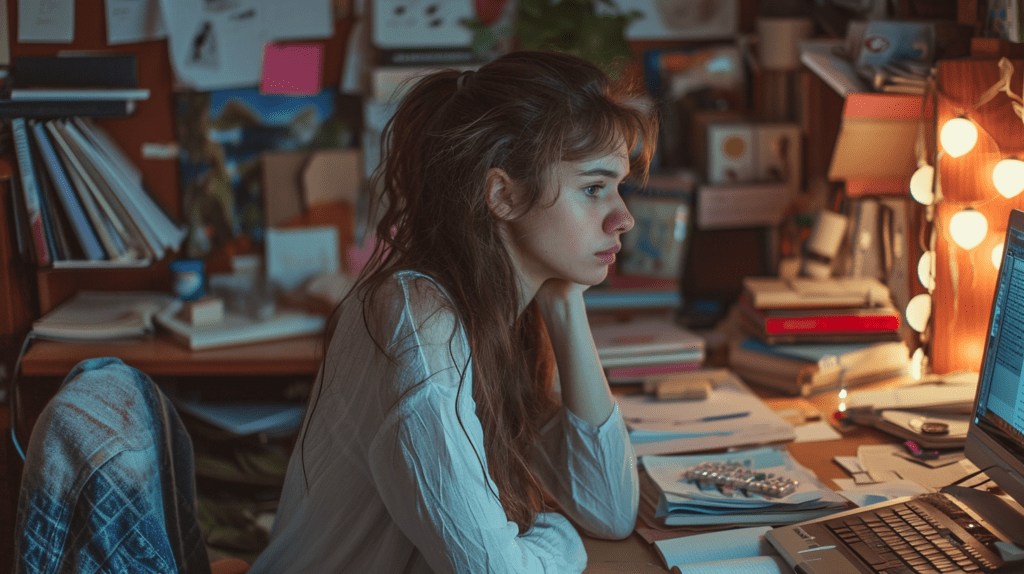 a_young_college_age_woman_sitting_in_her_dorm_surrounded_by_texts_books
