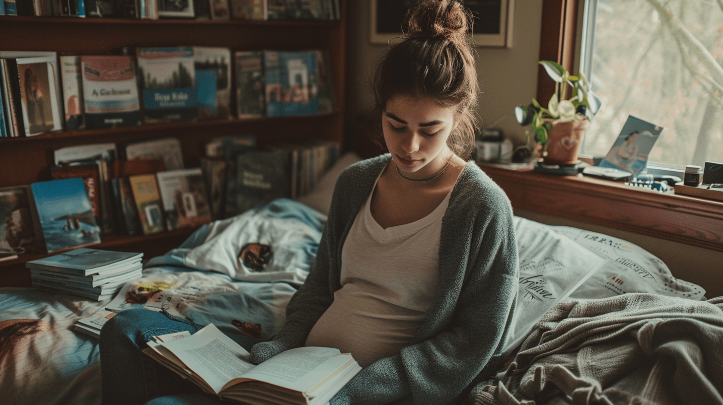 leah–high-school-student-sitting-on-bed-reading-baby-bump-sad