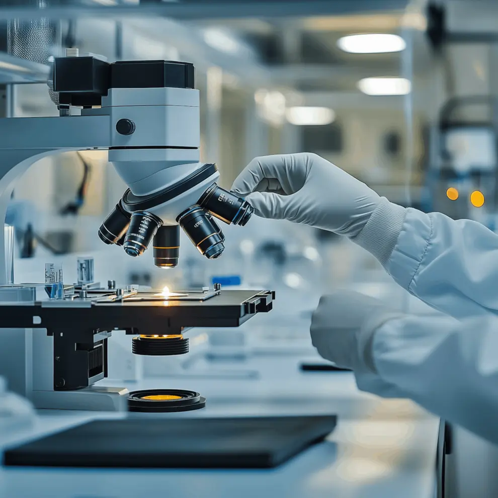 A laboratory, a high-resolution photograph of a scientist's gloved hands under a microscope