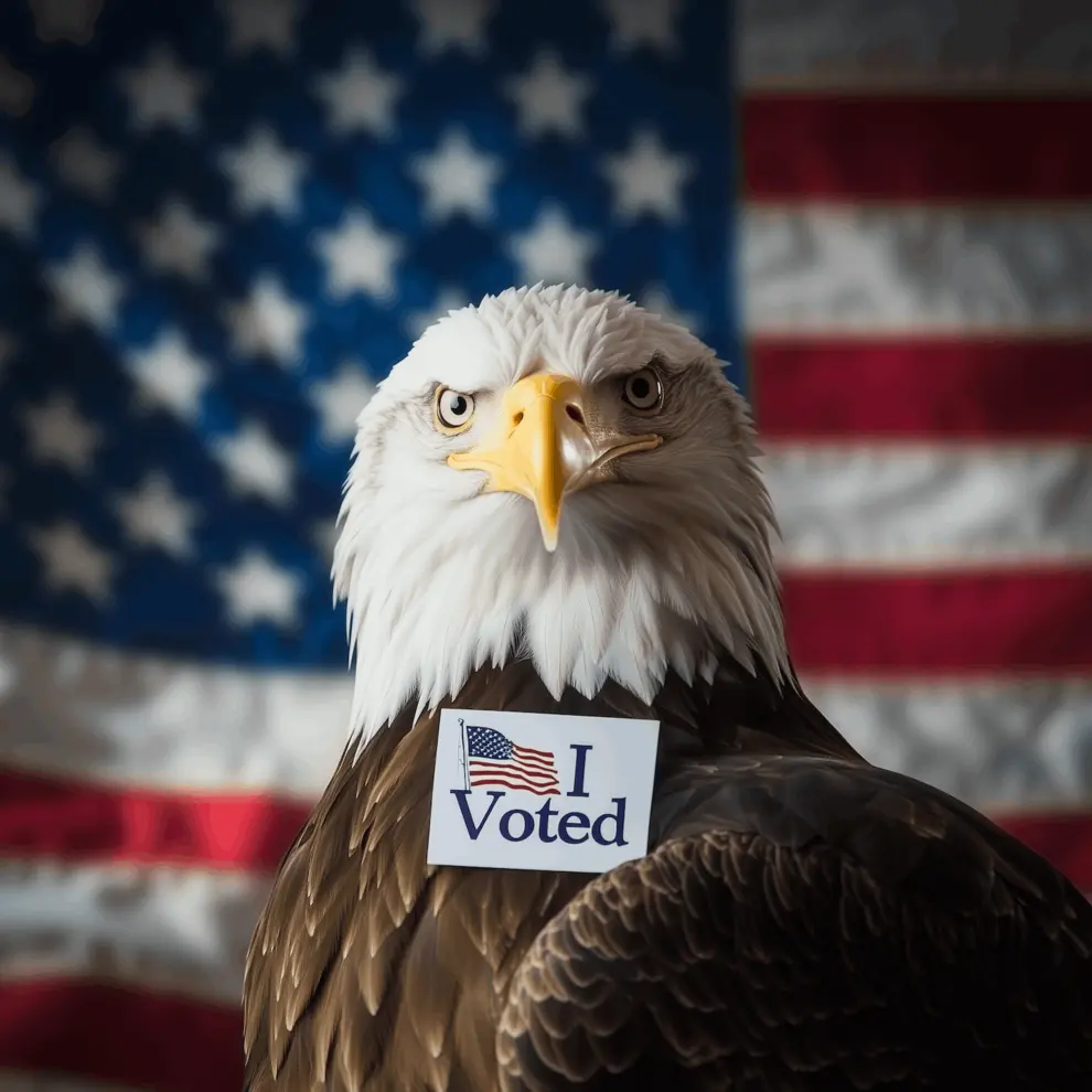 American Bald Eagle I Voted Sticker US Flag Background