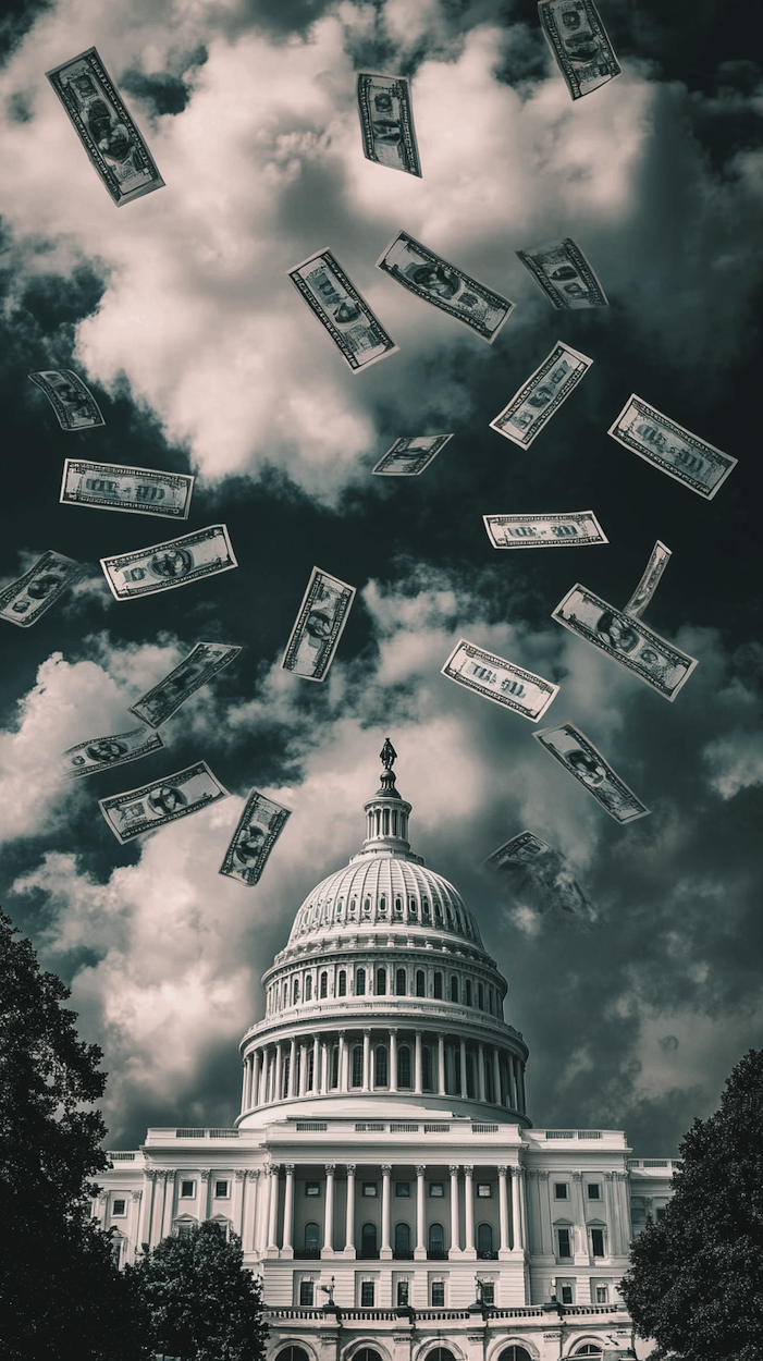 photo of money floating over Capitol Hill, raining down on the street below