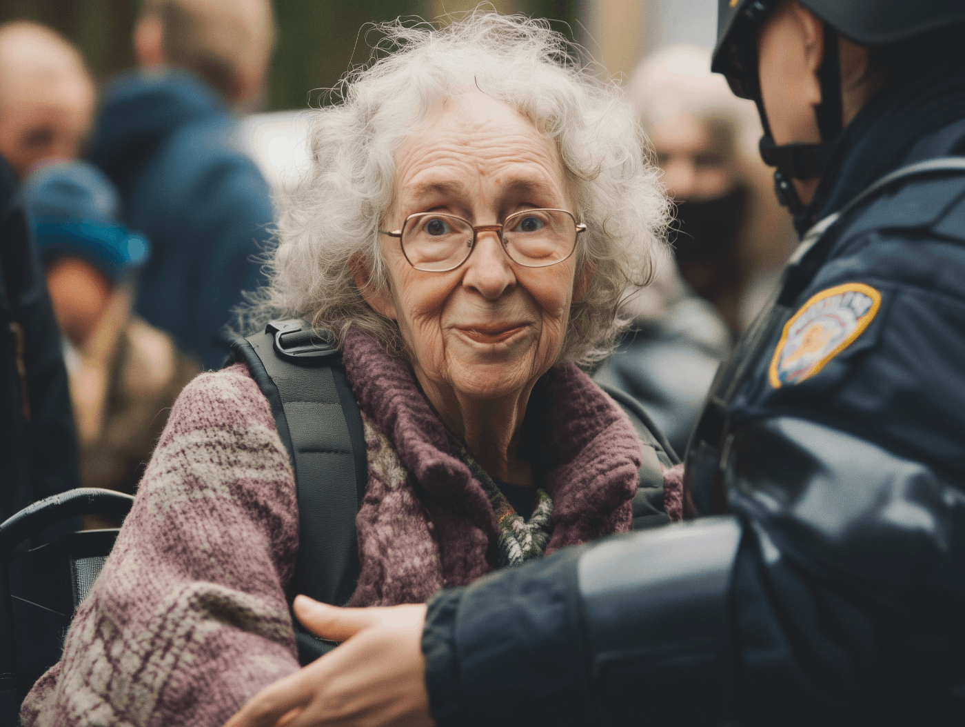 a grandma looking at the camera during a peaceful protest as a police officer stops her