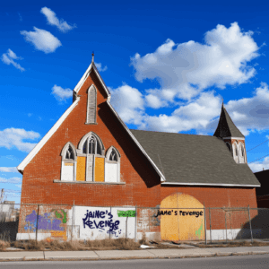 jane's revenge spray painted on a church