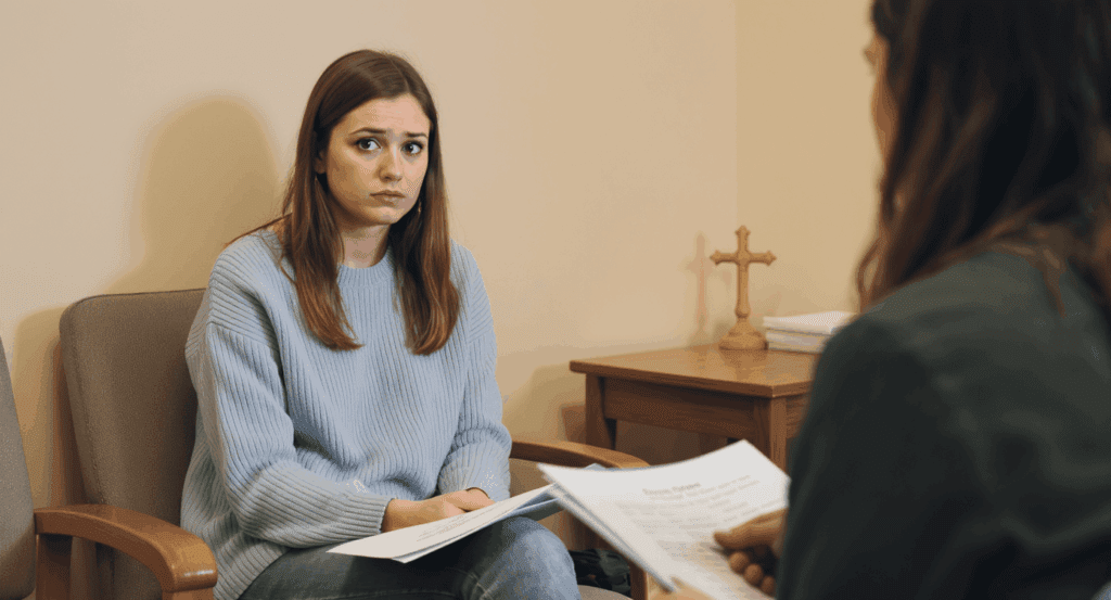 A young white woman with shoulder-length brown hair wearing a light blue ribbed sweater sits in a chair holding papers, looking up with a concerned expression while meeting with a counselor. A wooden cross is visible on a side table in the background of the warm, office-like room
