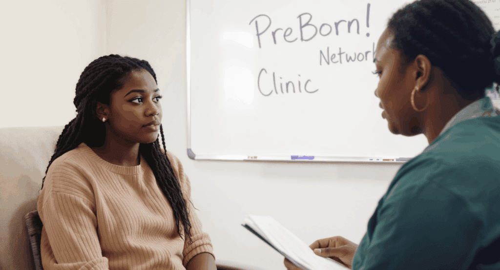 A young Black woman with long braided hair wearing a beige ribbed sweater sits in a chair, looking thoughtfully to the side while speaking with a healthcare provider in scrubs. Behind them is a whiteboard with 'PreBorn! Network Clinic' written on it