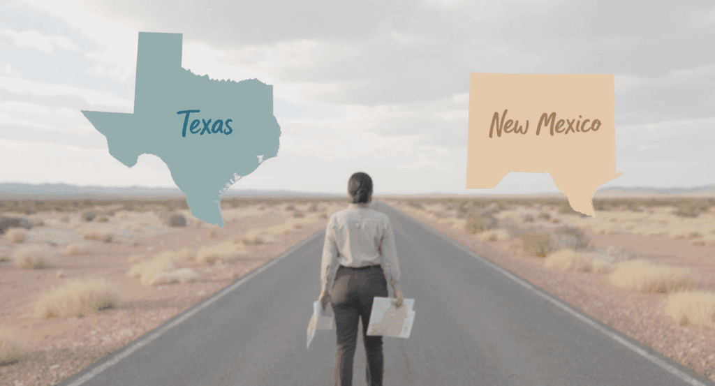 A person in business attire walks down the center of an empty desert highway carrying papers, with stylized state outlines of Texas (in teal) and New Mexico (in peach) floating above the road against a backdrop of arid landscape and distant mountains