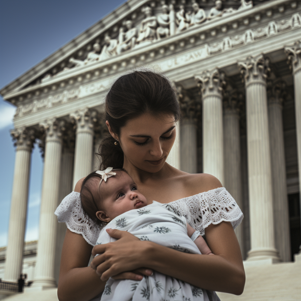 woman holding baby standing in front of supreme court